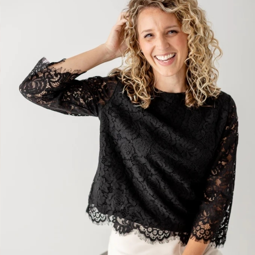 Zara Trafaluc Sheer Lace Long Sleeve Blouse Buttons in Back Of Neck